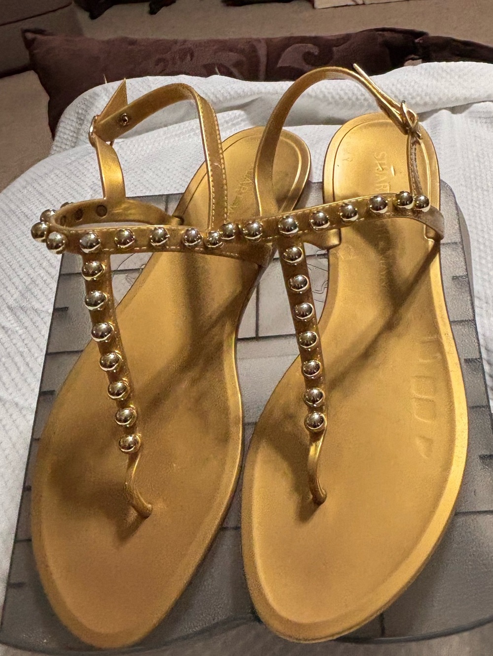 Gold Studded T-Strap Stuart Weitzman Flat Sandals for Women